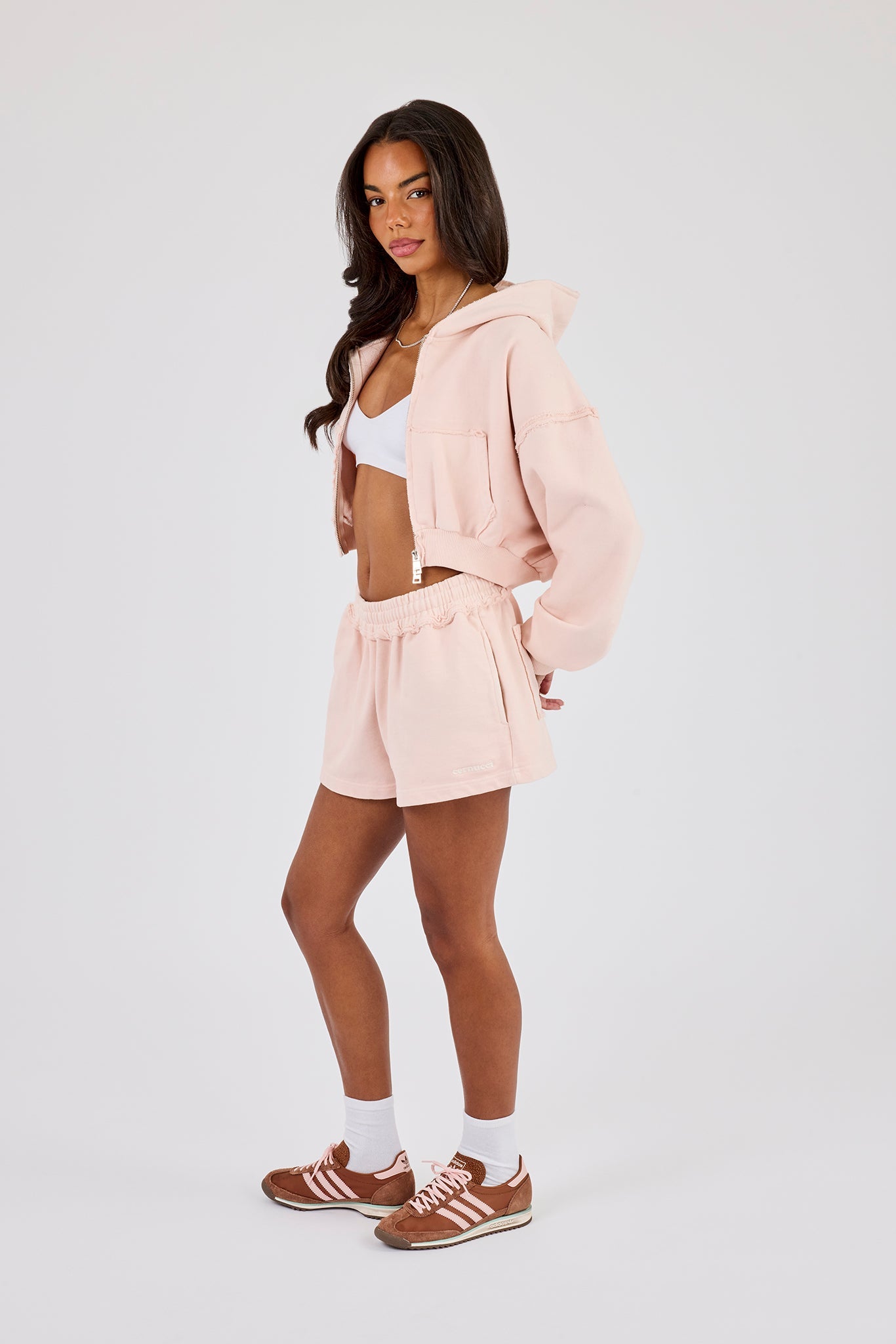 Washed Super Cropped Distressed Hoodie & Jersey Short - Dusty Pink
